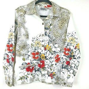 Chico's Denim Jacket Sz S Red Black Leopard Floral